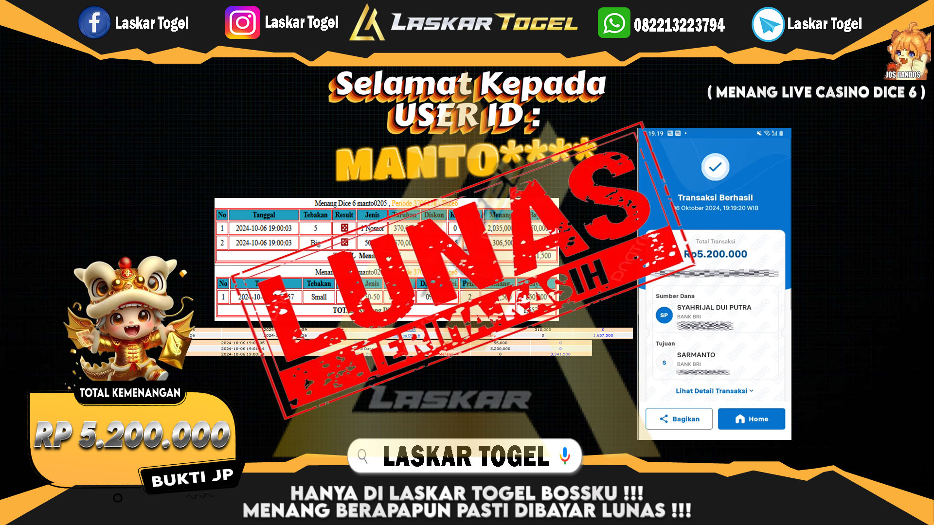 LASKARTOGEL-JACKPOT-LIVE-CASINO-DICE-6-Rp.5.200.000