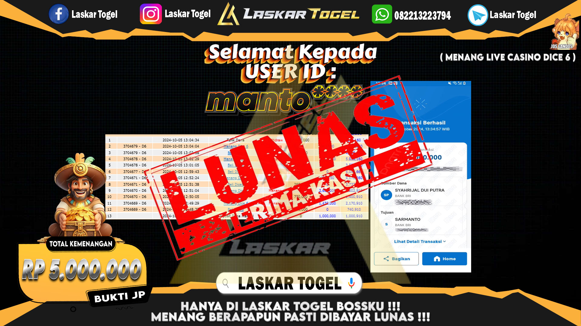 LASKARTOGEL-JACKPOT-LIVE-CASINO-DICE-6-Rp.5.000.000