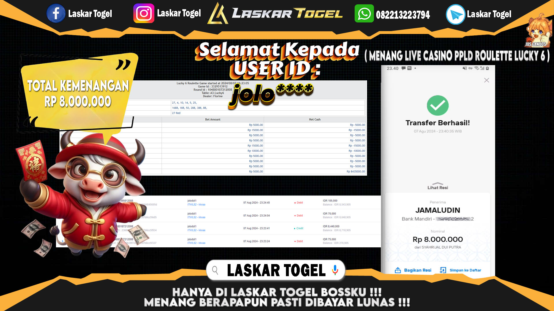 LASKARTOGEL-JACKPOT-LIVE-CASINO-PPLD-ROULETTE-LUCKY-6-Rp.8.000.000
