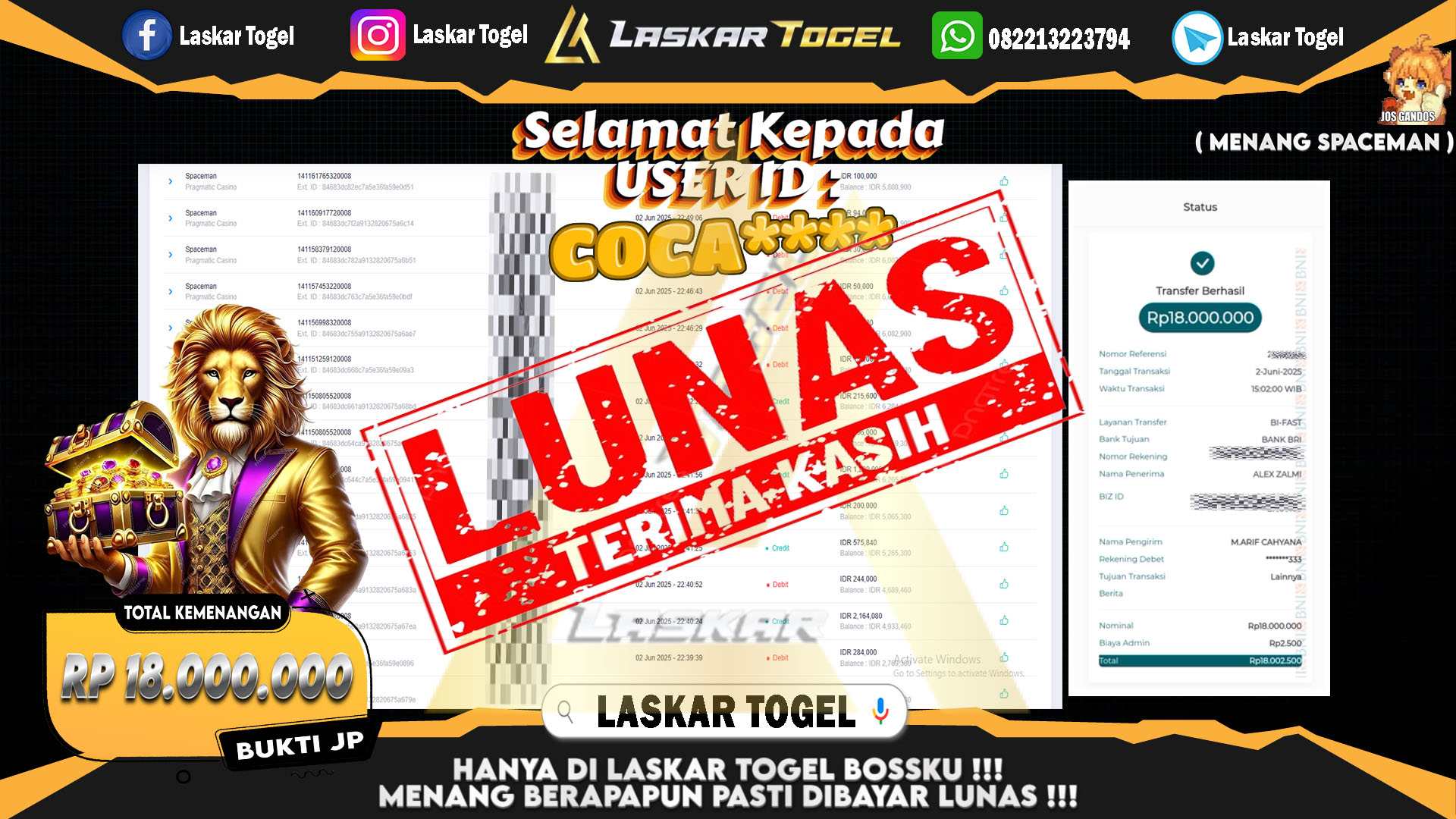LASKARTOGEL-JACKPOT-SPACEMAN-Rp.18.000.000